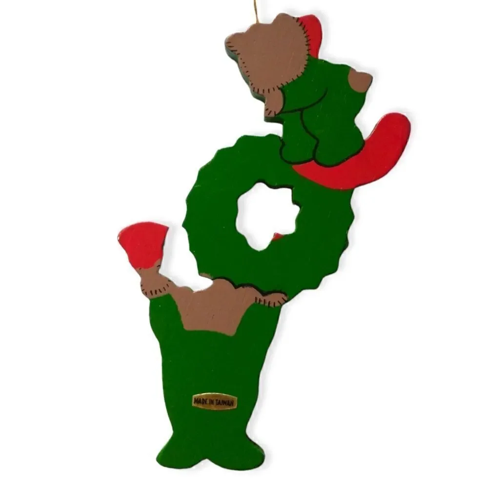 JOY Spell‎ Out Christmas Ornament Folk Art Primitive Die Cut Vintage Wood Bears